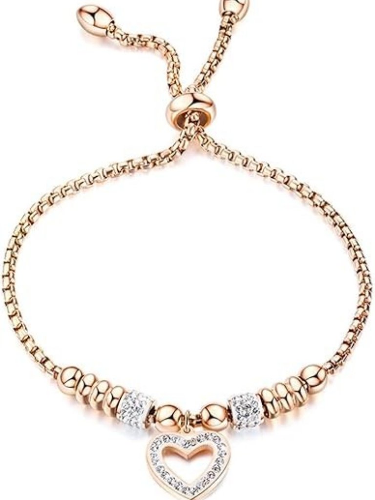 Rose Gold Stainless Steel Heart Charm Adjustable Size Beaded